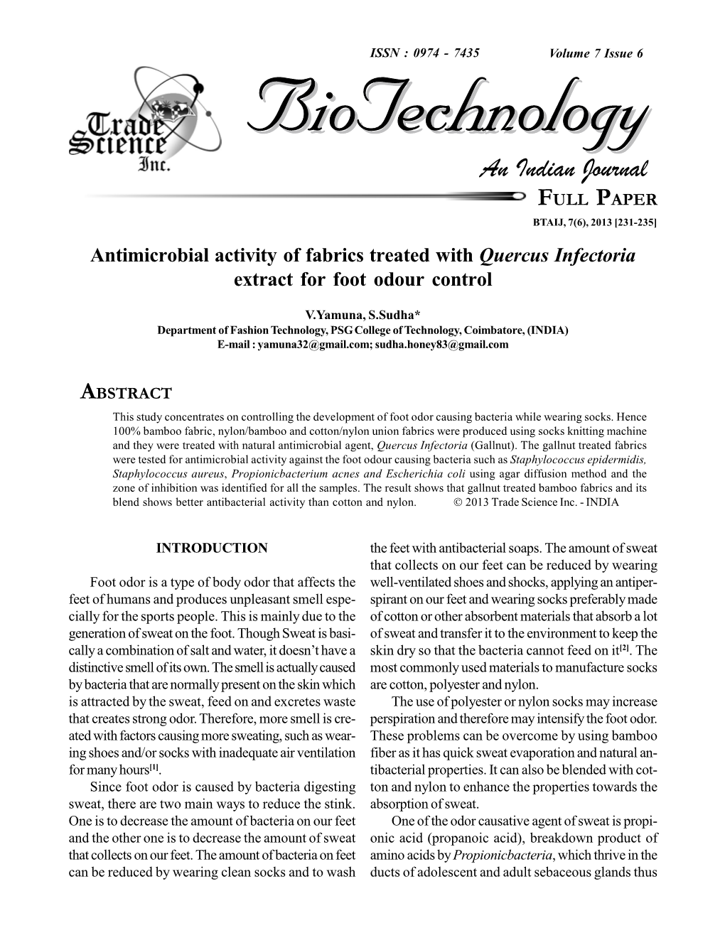 Antimicrobial Activity of Fabrics Treated with Quercus Infectoria Extract for Foot Odour Control