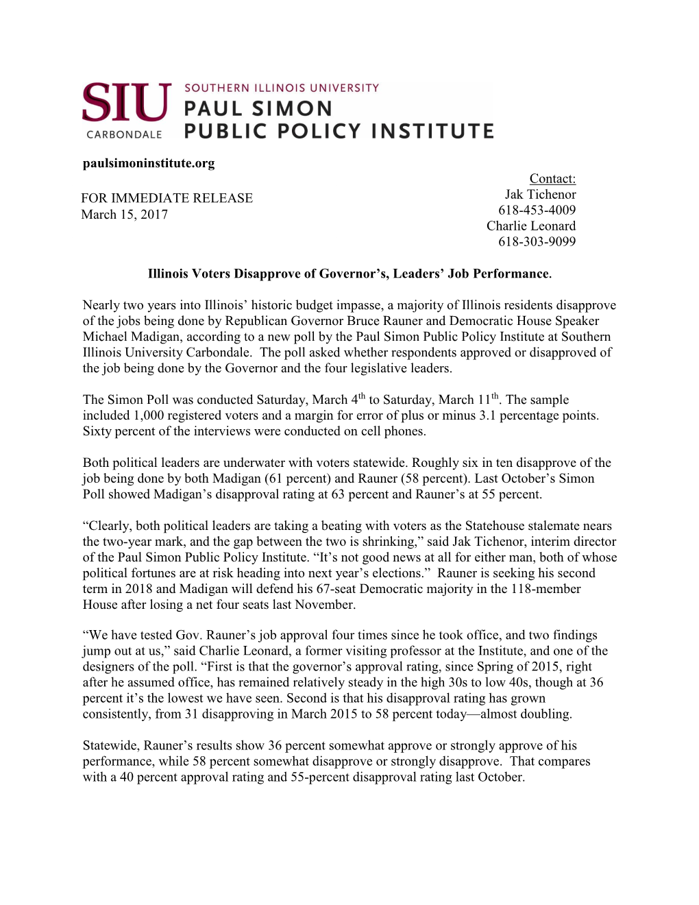 A New Poll by the Paul Simon Public Policy Institute at Southern Illinois University Carbondale