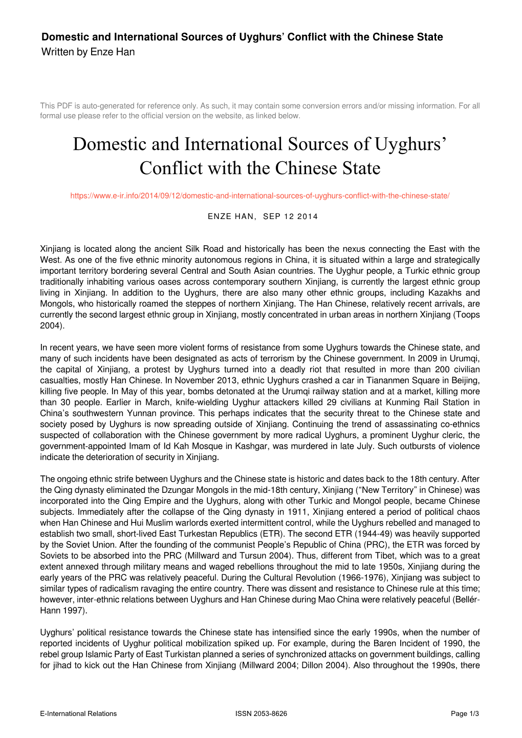 Domestic and International Sources of Uyghurs' Conflict with the Chinese State