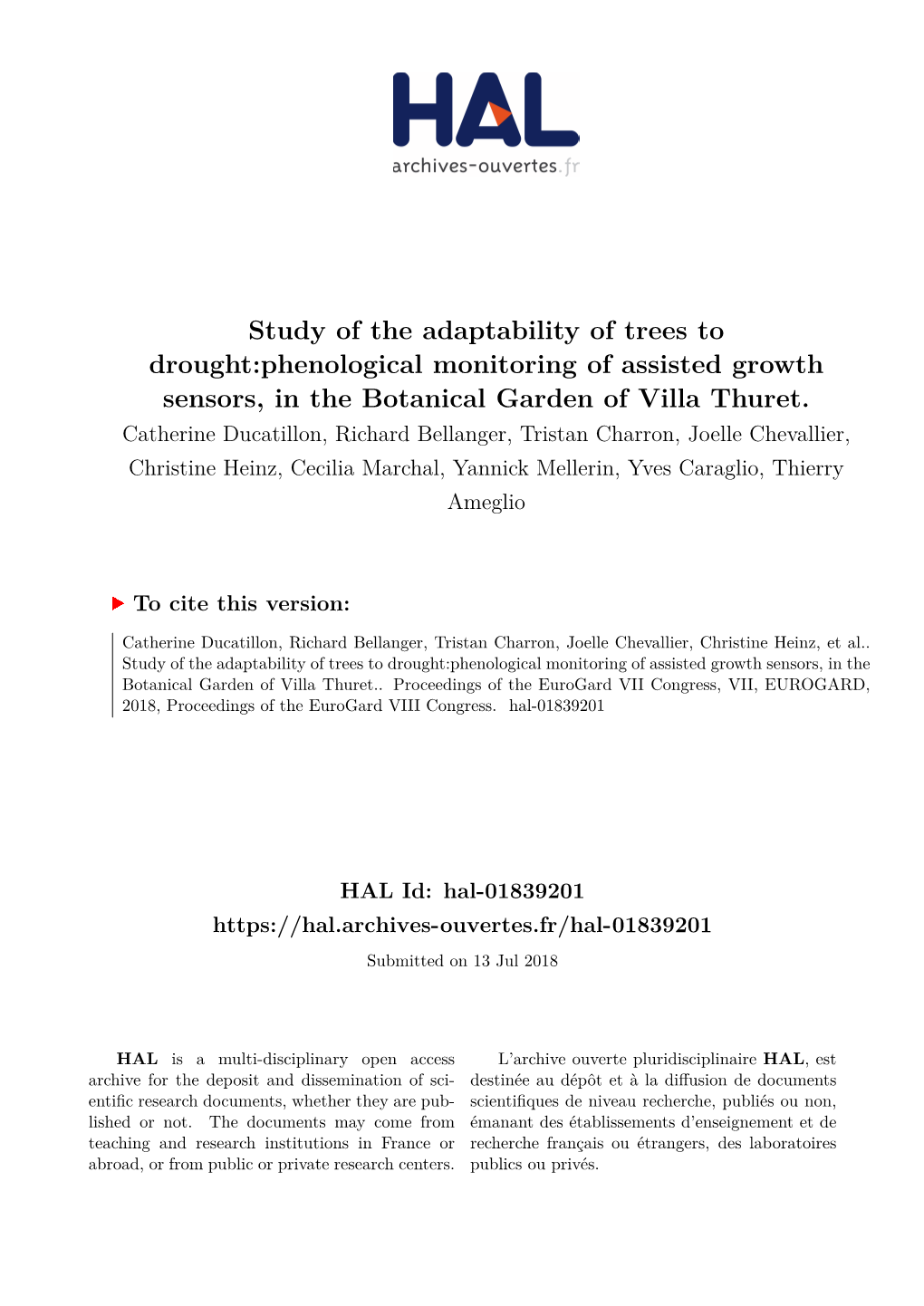 Study of the Adaptability of Trees to Drought:Phenological Monitoring of Assisted Growth Sensors, in the Botanical Garden of Villa Thuret