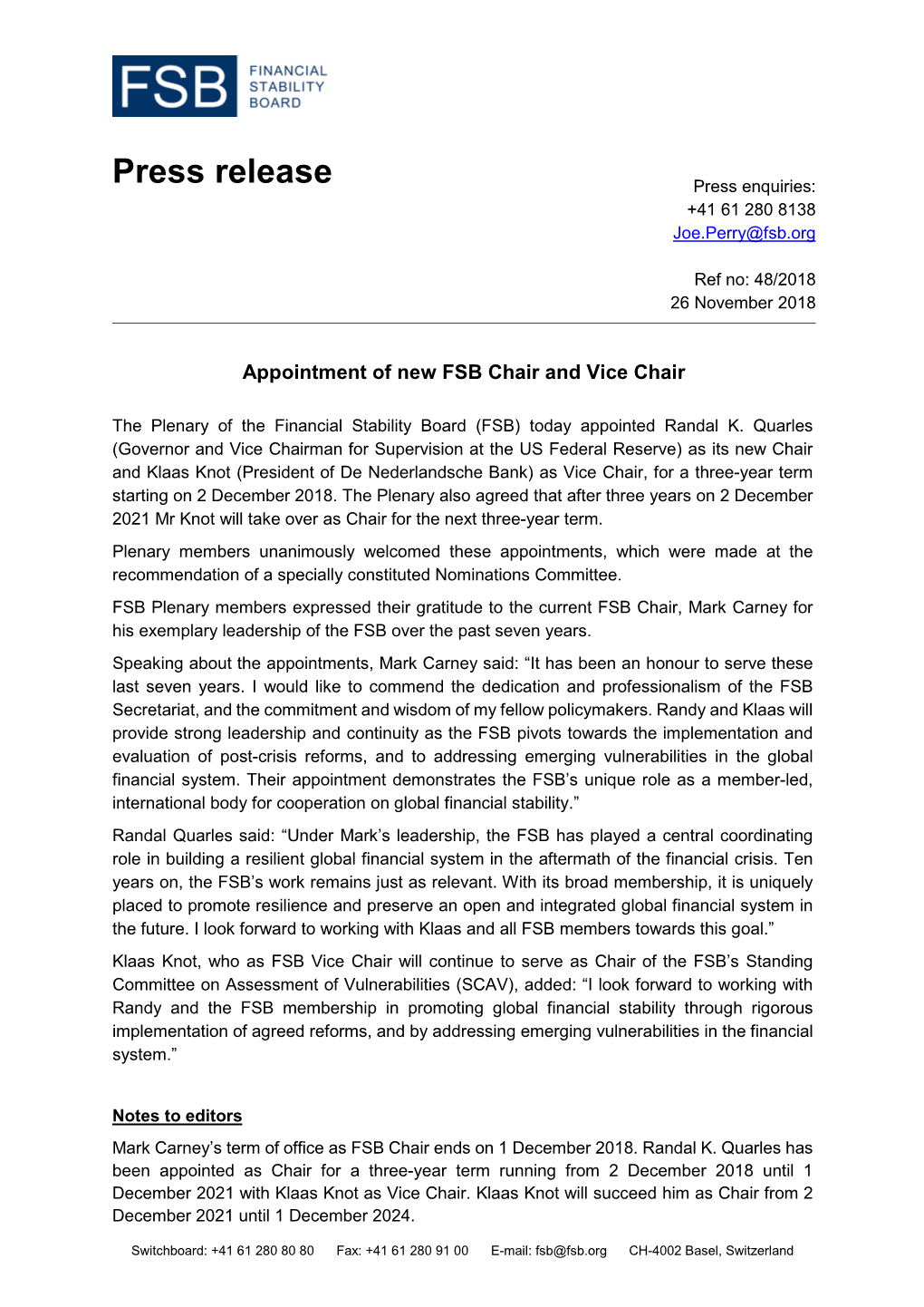 Appointment of New FSB Chair and Vice Chair