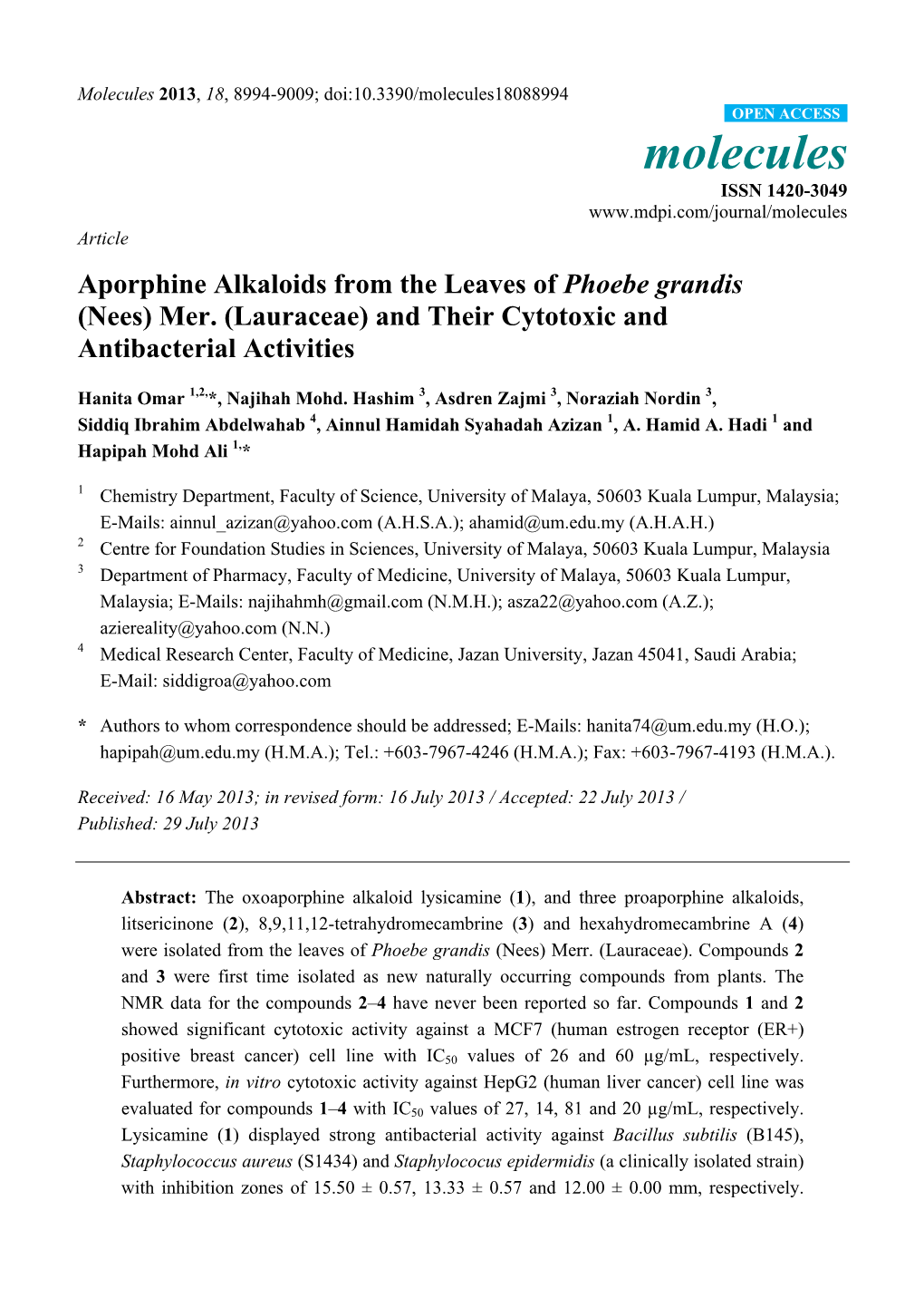 Aporphine Alkaloids from the Leaves of Phoebe Grandis (Nees) Mer