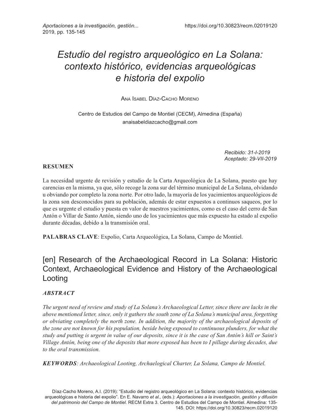 Estudio Del Registro Arqueológico En La Solana: Contexto Histórico, Evidencias Arqueológicas E Historia Del Expolio