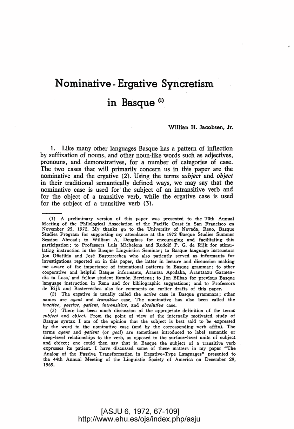 Nominative -Ergative Syncretism in Basque
