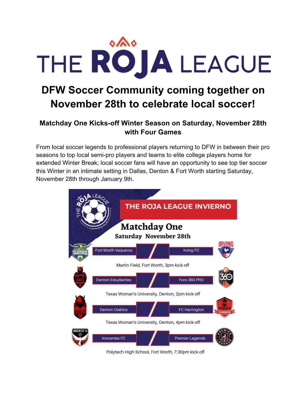 DFW Soccer Community Coming Together on November 28Th to Celebrate Local Soccer!