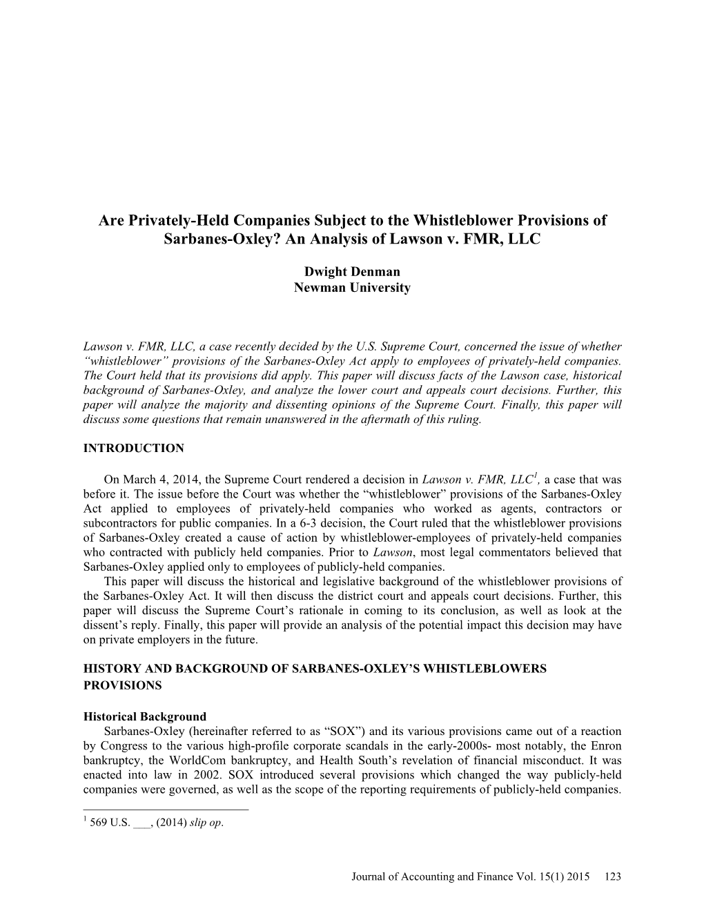 Are Privately-Held Companies Subject to the Whistleblower Provisions of Sarbanes-Oxley? an Analysis of Lawson V