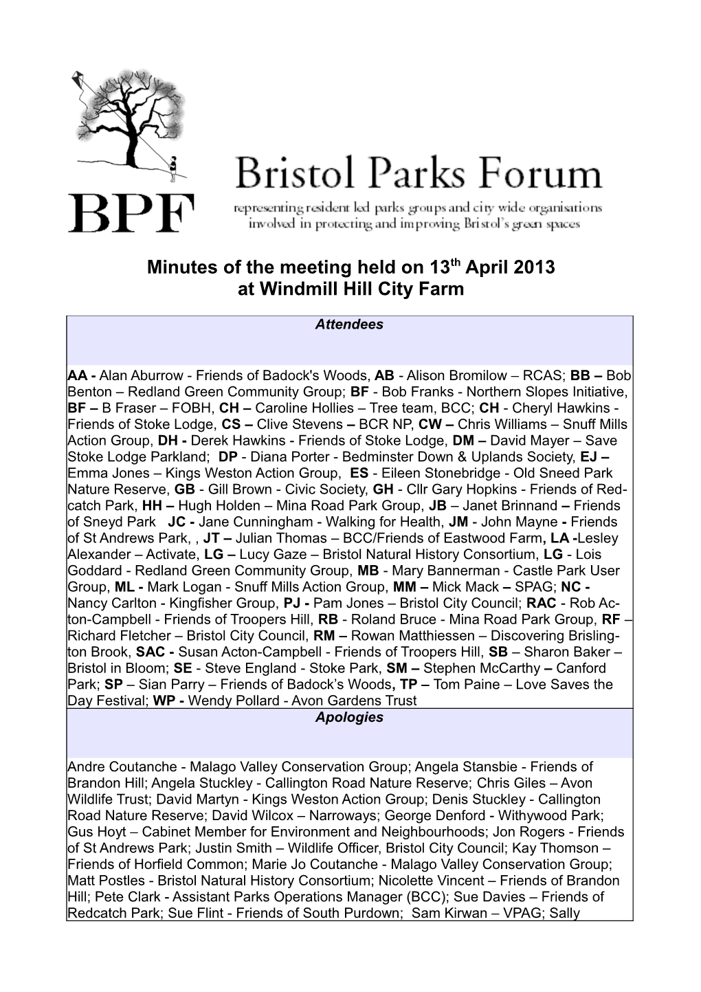 Minutes of the Meeting Held on 13Th April 2013 at Windmill Hill City Farm