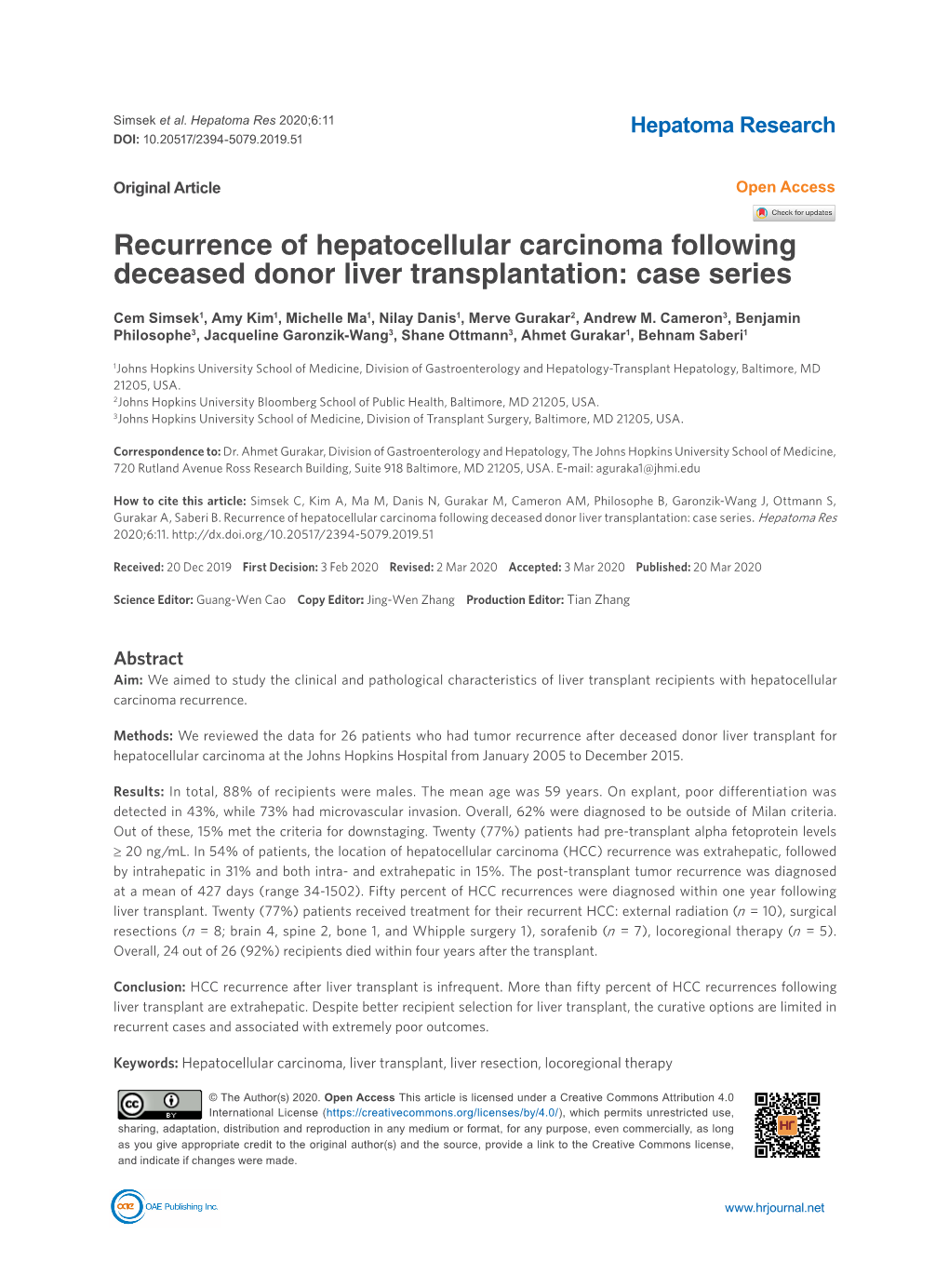 Recurrence of Hepatocellular Carcinoma Following Deceased Donor Liver Transplantation: Case Series