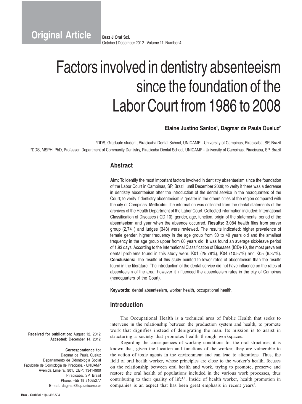 Factors Involved in Dentistry Absenteeism Since the Foundation of the Labor Court from 1986 to 2008