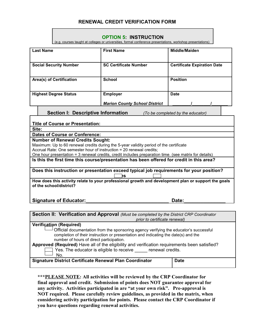 Renewal Credit Verification Form