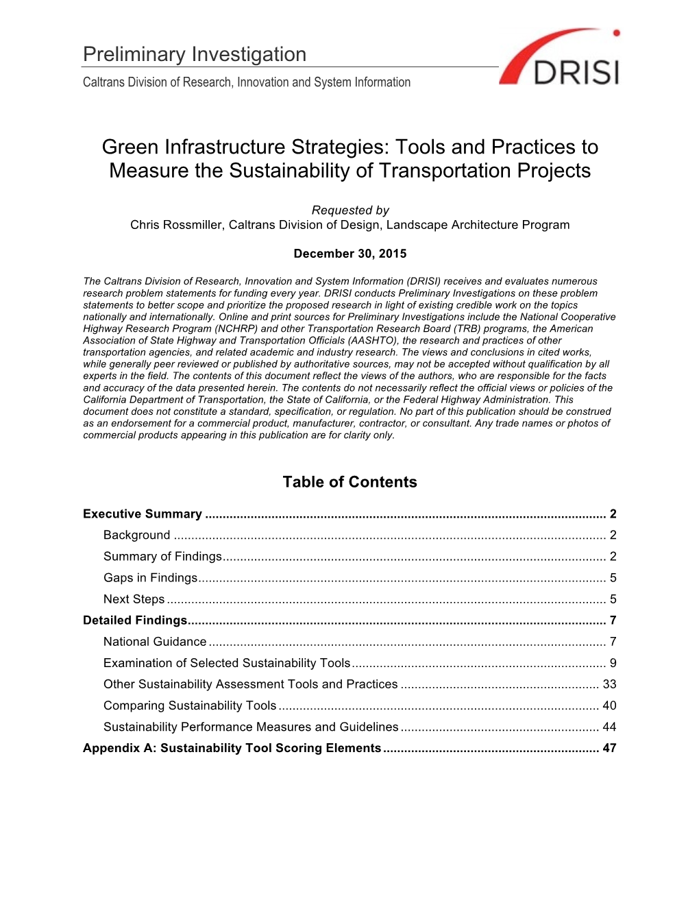 Green Infrastructure Preliminary Investigation 12-30-15