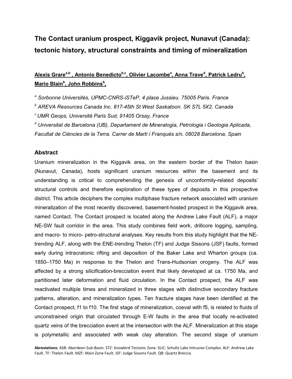 The Contact Uranium Prospect, Kiggavik Project, Nunavut (Canada): Tectonic History, Structural Constraints and Timing of Mineralization