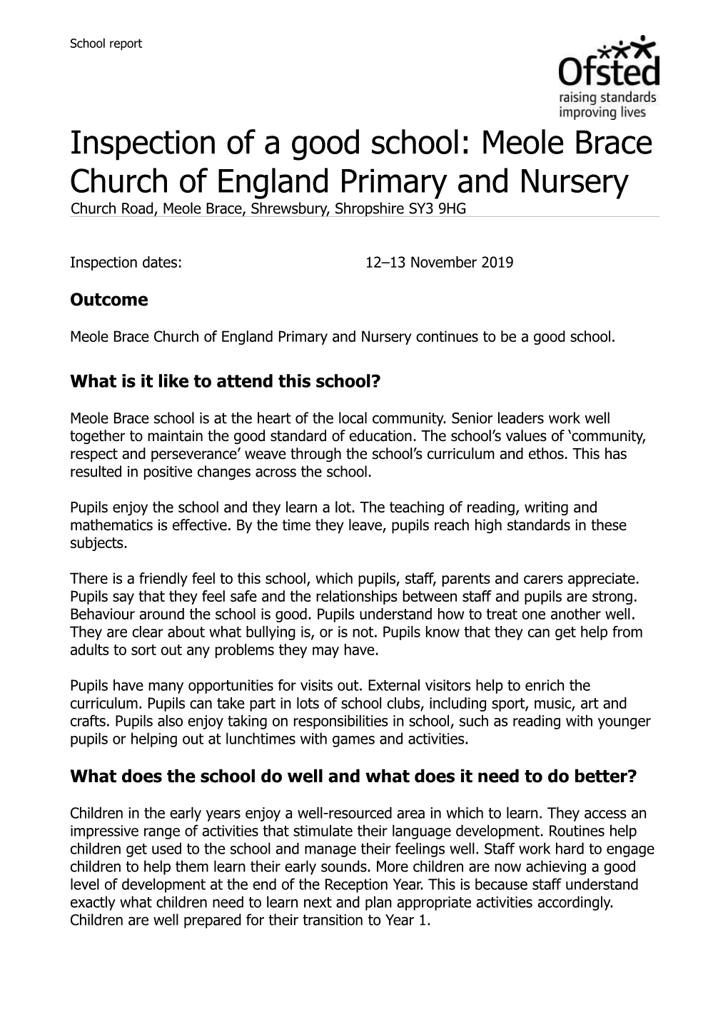 Inspection of a Good School: Meole Brace Church of England Primary and Nursery Church Road, Meole Brace, Shrewsbury, Shropshire SY3 9HG