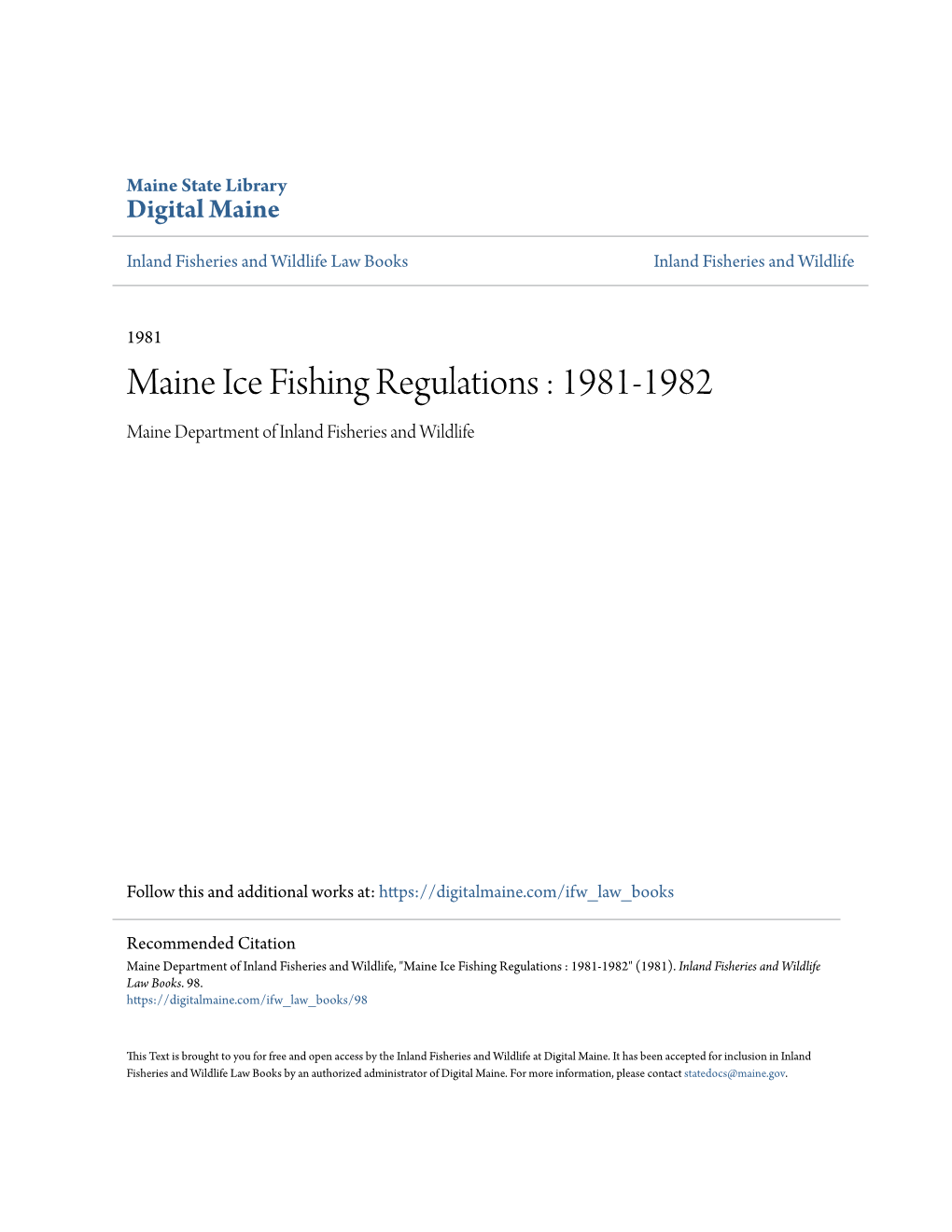 Maine Ice Fishing Regulations : 1981-1982 Maine Department of Inland Fisheries and Wildlife