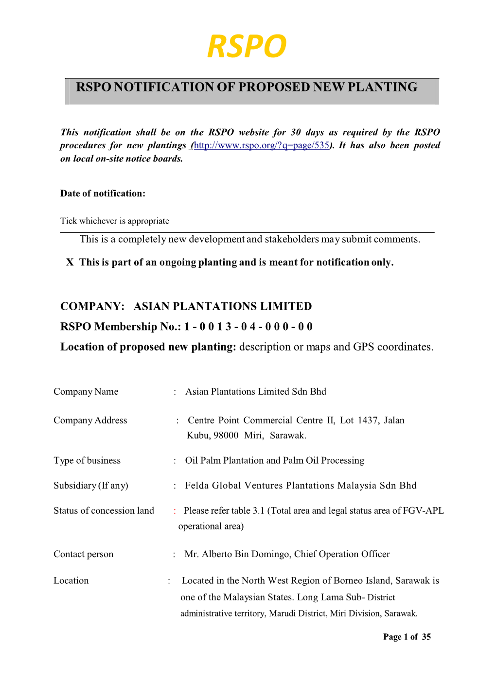 Rspo Notification of Proposed New Planting