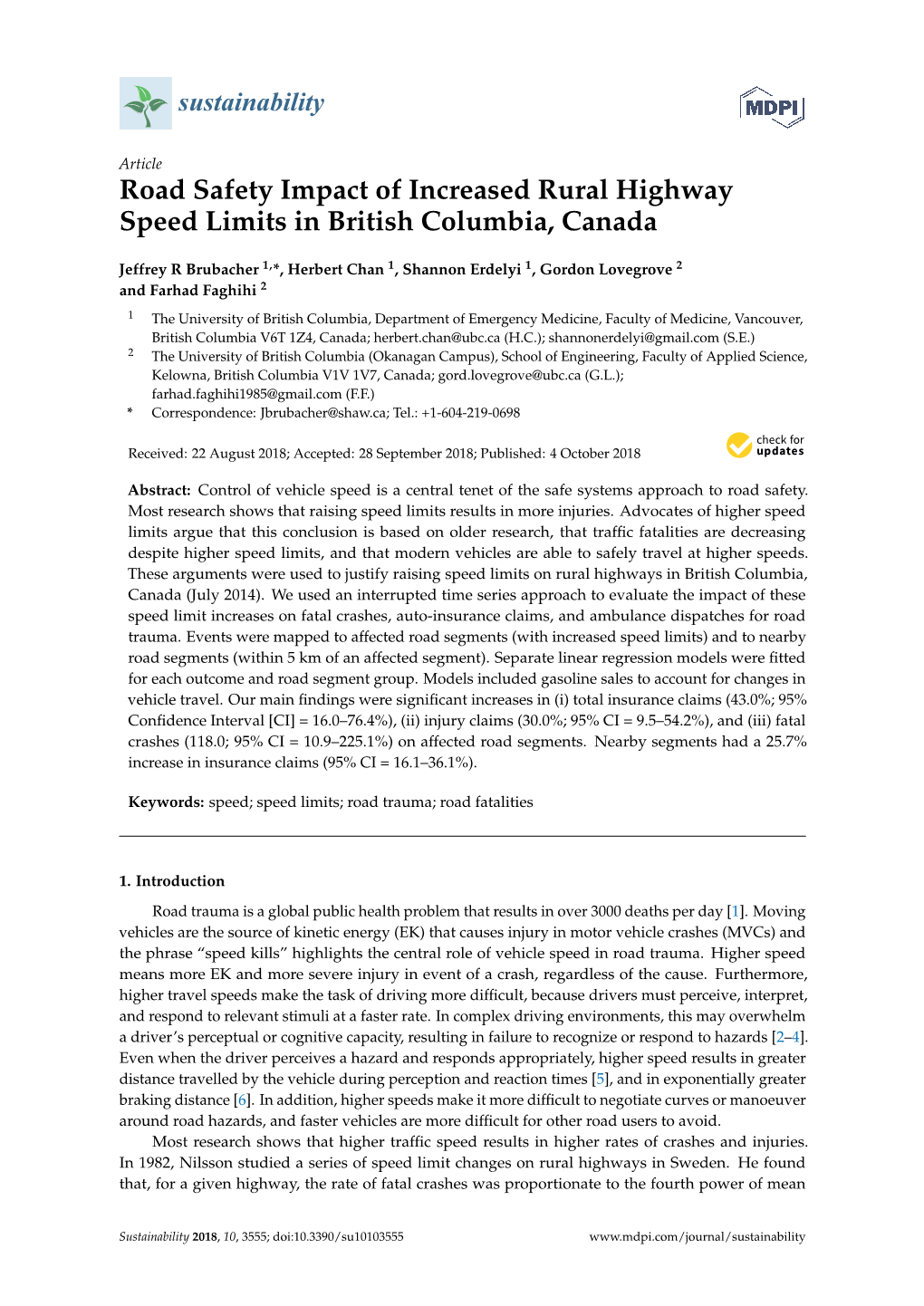 Road Safety Impact of Increased Rural Highway Speed Limits in British Columbia, Canada