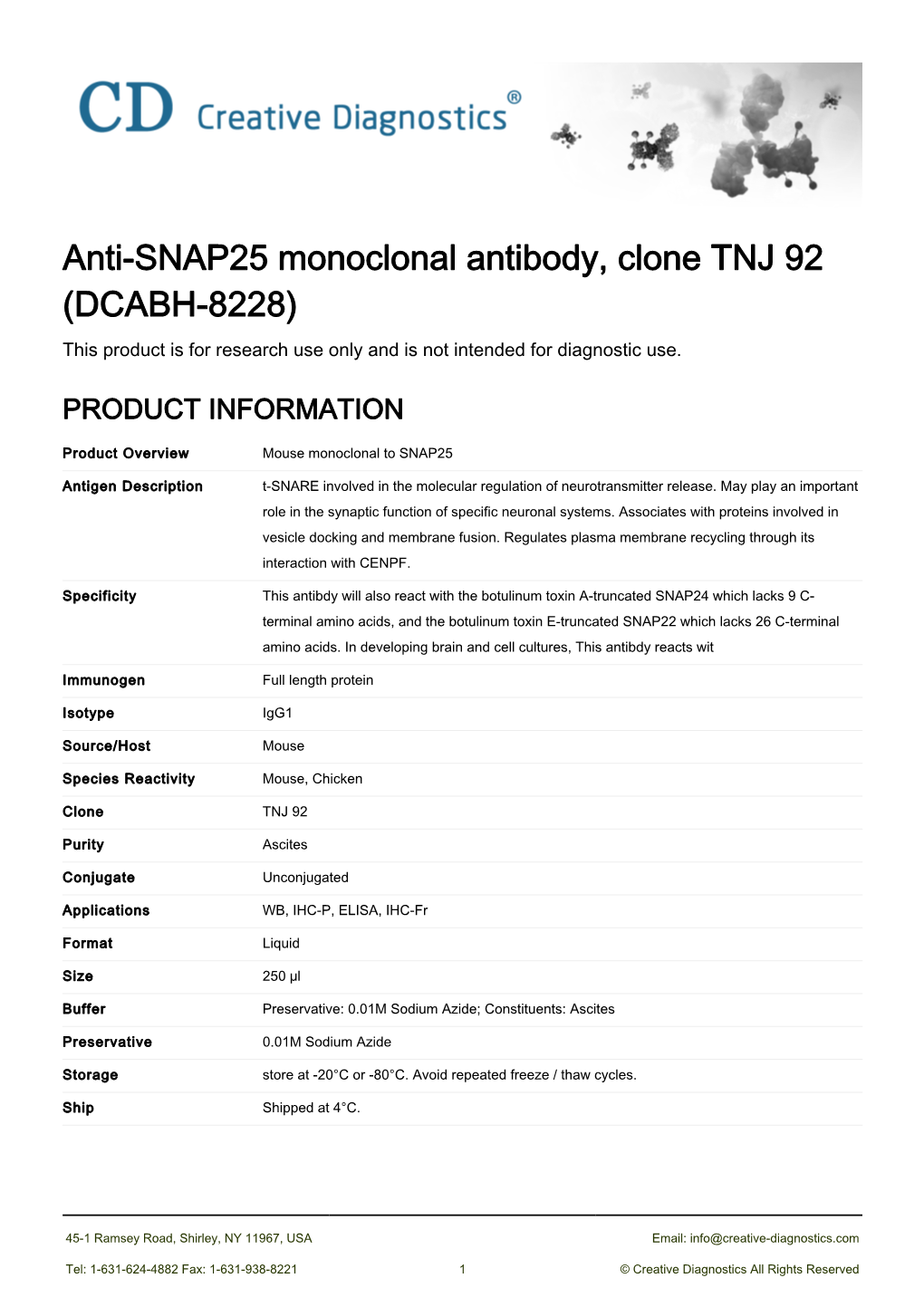 Anti-SNAP25 Monoclonal Antibody, Clone TNJ 92 (DCABH-8228) This Product Is for Research Use Only and Is Not Intended for Diagnostic Use