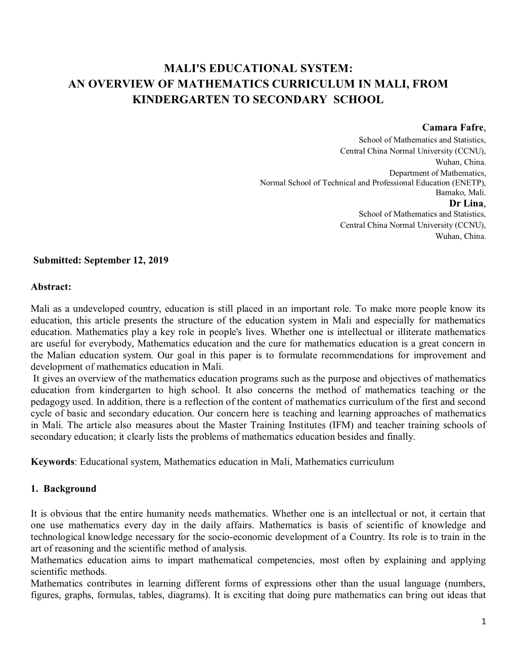 Mali's Educational System: an Overview of Mathematics Curriculum in Mali, from Kindergarten to Secondary School