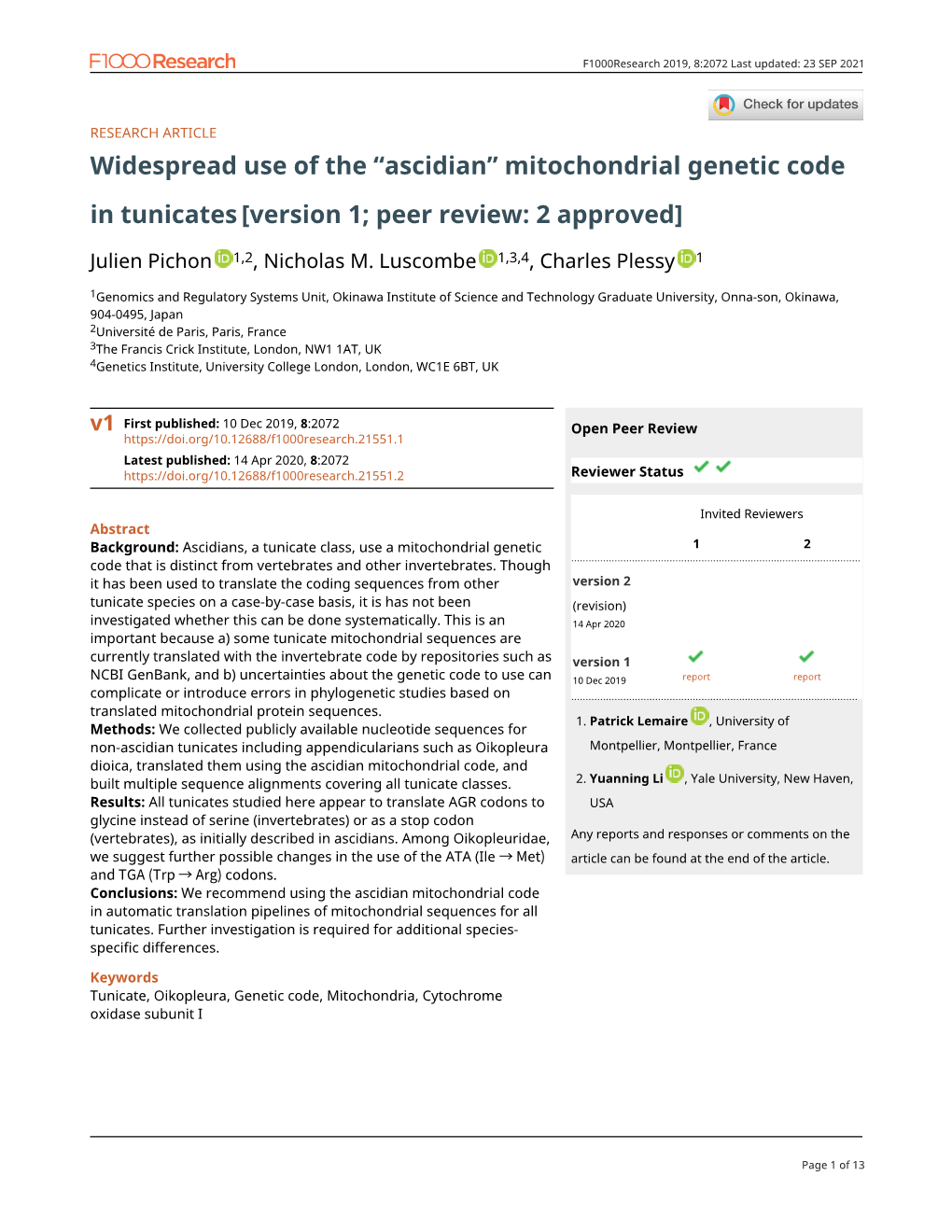 “Ascidian” Mitochondrial Genetic Code in Tunicates [Version 1; Peer Review: 2 Approved]