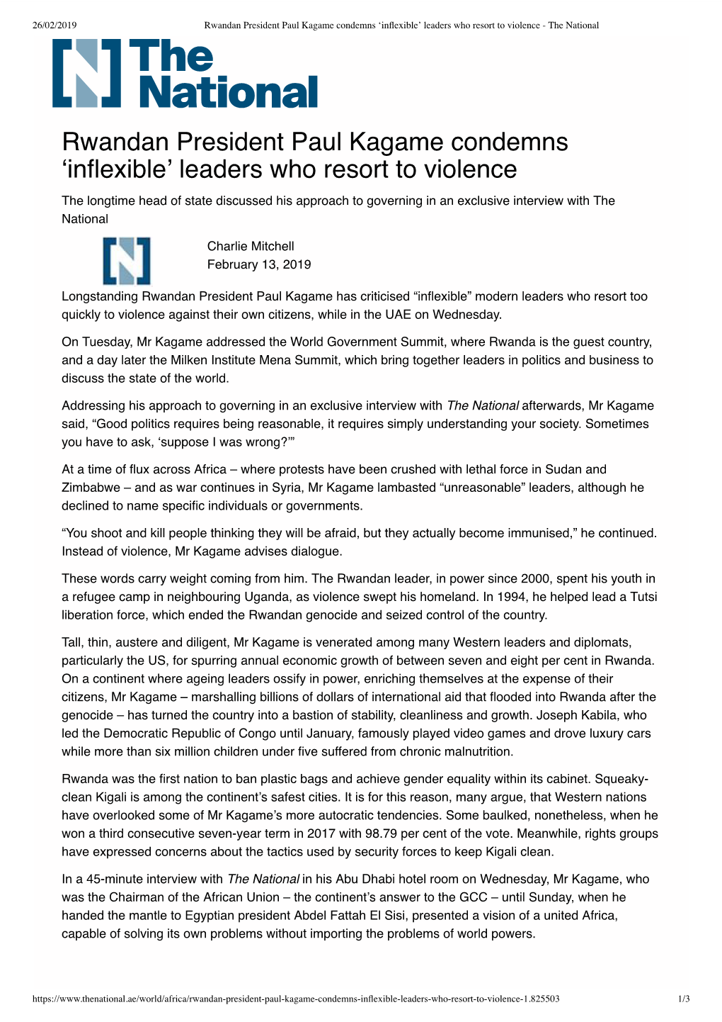 Rwandan President Paul Kagame Condemns 'Inflexible' Leaders Who Resort to Violence