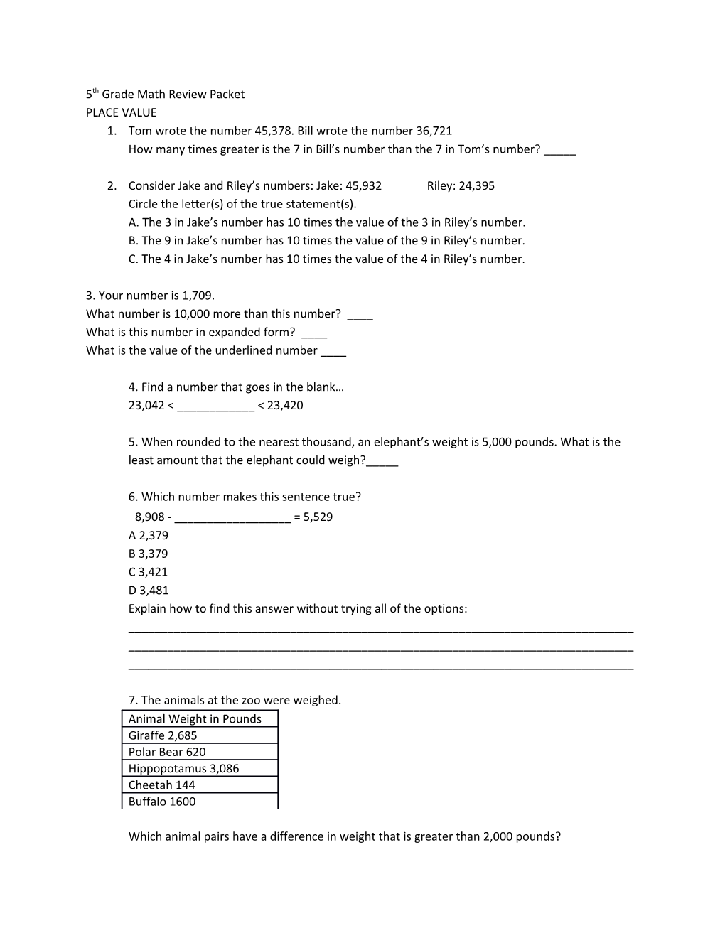 5Th Grade Math Review Packet