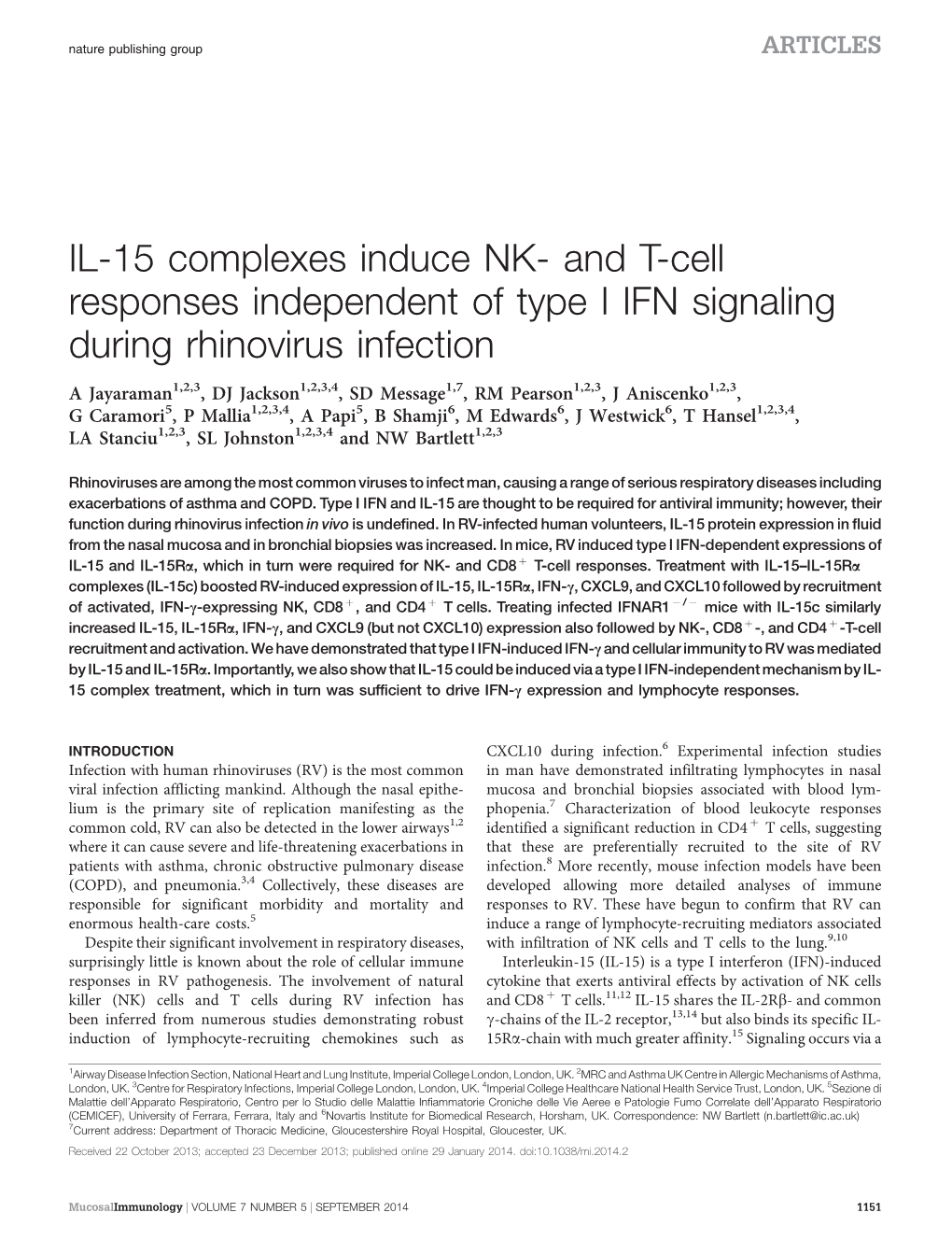 IL-15 Complexes Induce NK- and T-Cell Responses Independent of Type I IFN Signaling During Rhinovirus Infection