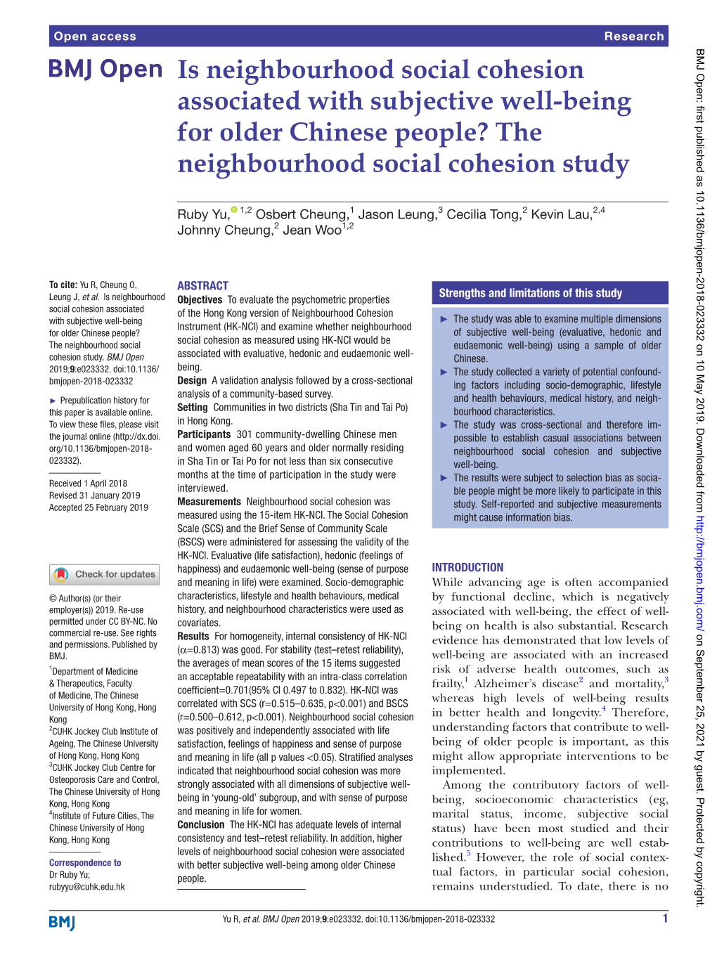 Is Neighbourhood Social Cohesion Associated with Subjective Well-Being for Older Chinese People? the Neighbourhood Social Cohesion Study