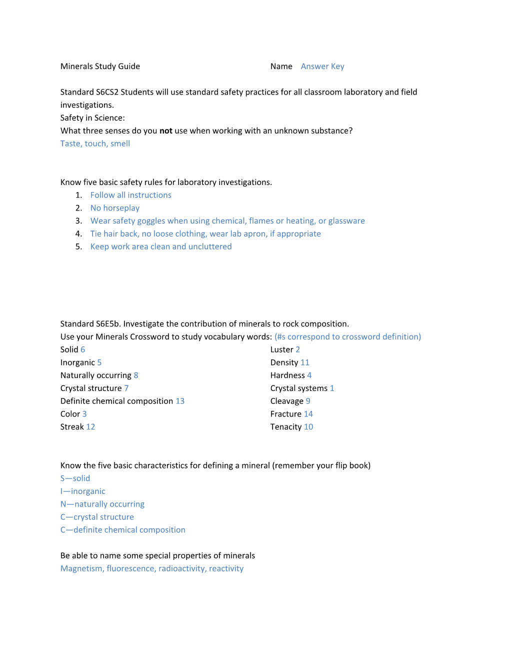 Minerals Study Guide Name Answer Key