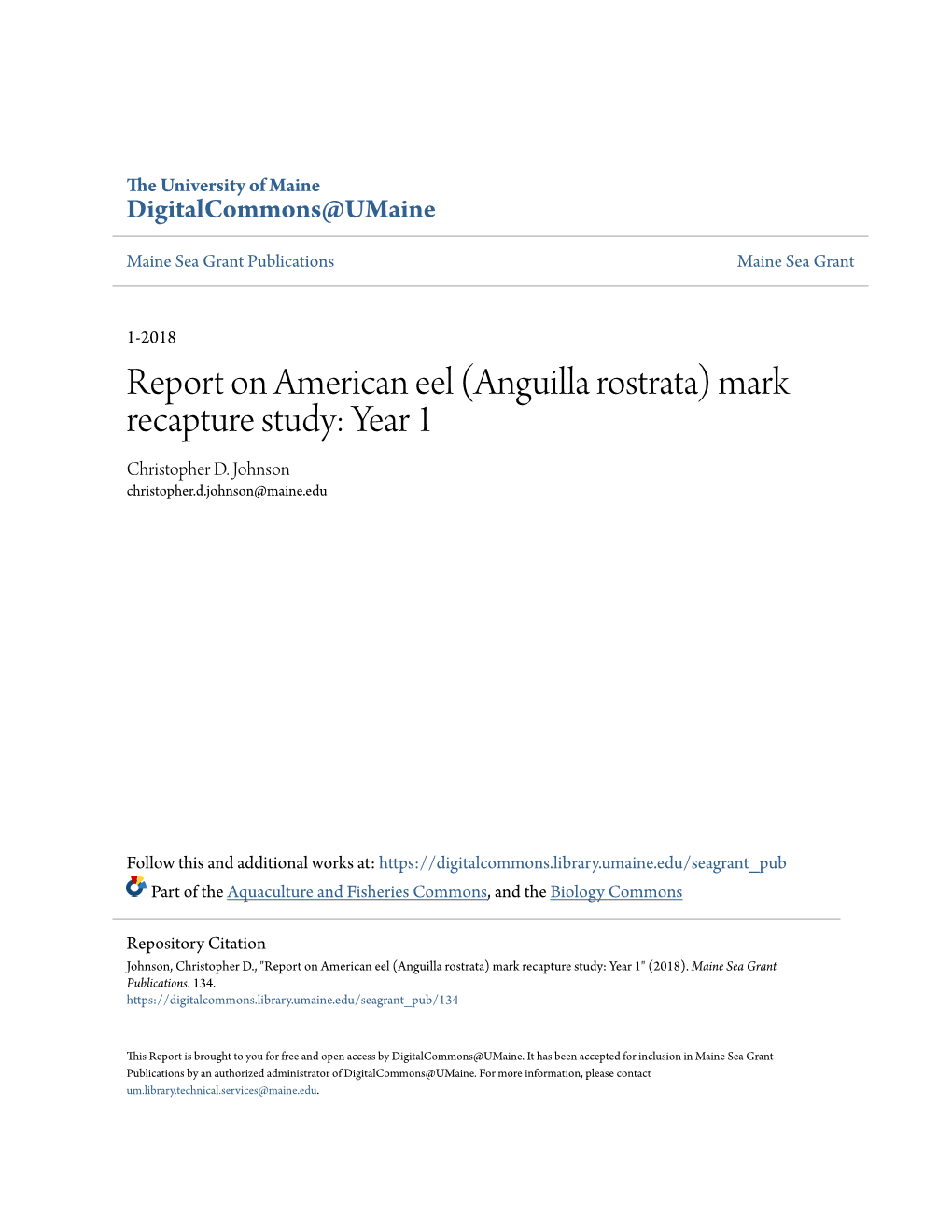 Report on American Eel (Anguilla Rostrata) Mark Recapture Study: Year 1 Christopher D