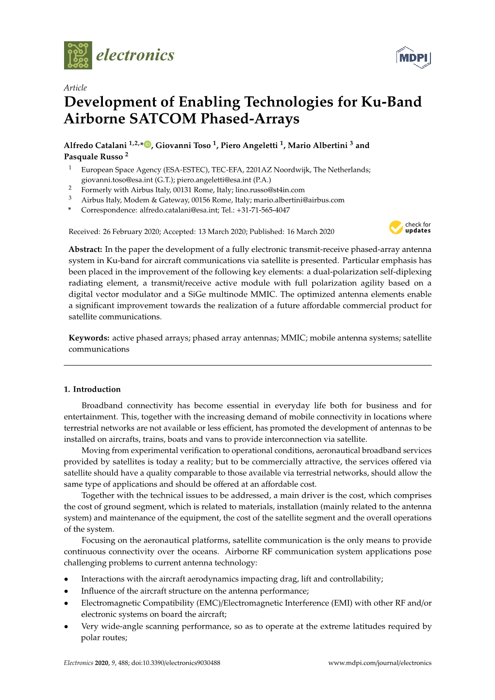 Development of Enabling Technologies for Ku-Band Airborne SATCOM Phased-Arrays