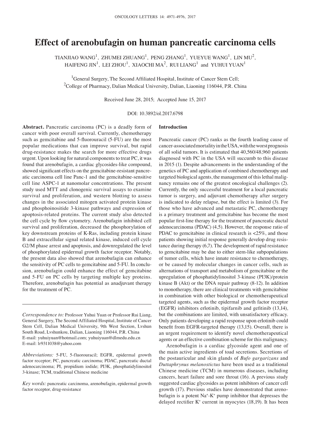 Effect of Arenobufagin on Human Pancreatic Carcinoma Cells