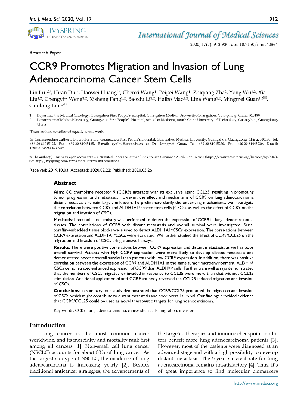 CCR9 Promotes Migration and Invasion of Lung Adenocarcinoma