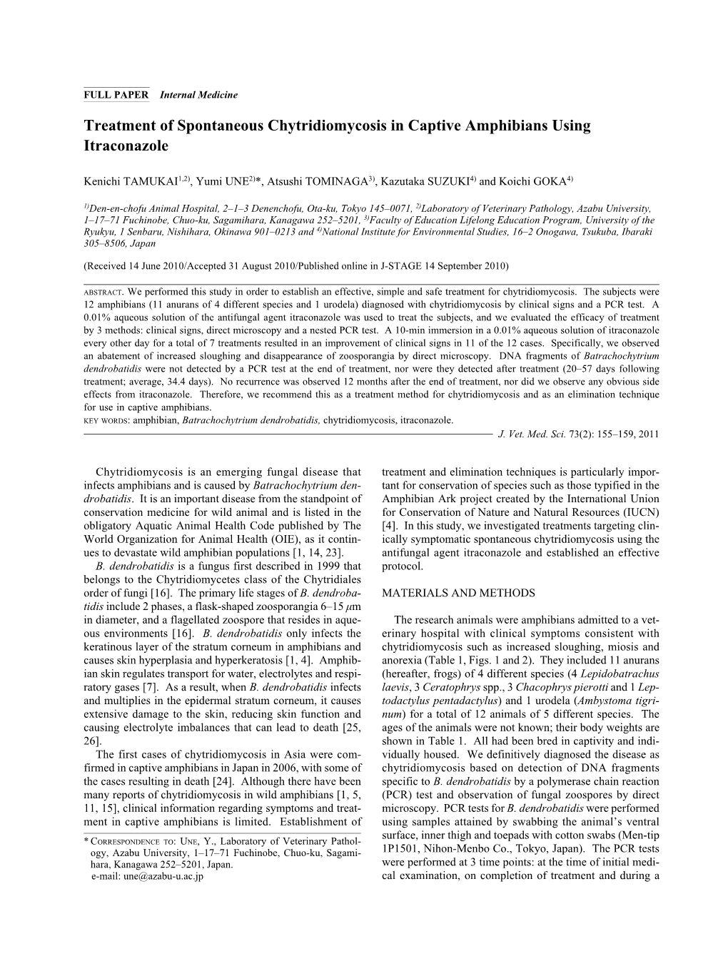 Treatment of Spontaneous Chytridiomycosis in Captive Amphibians Using Itraconazole