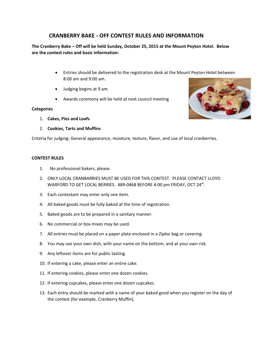 Cranberry Bake - Off Contest Rules and Information