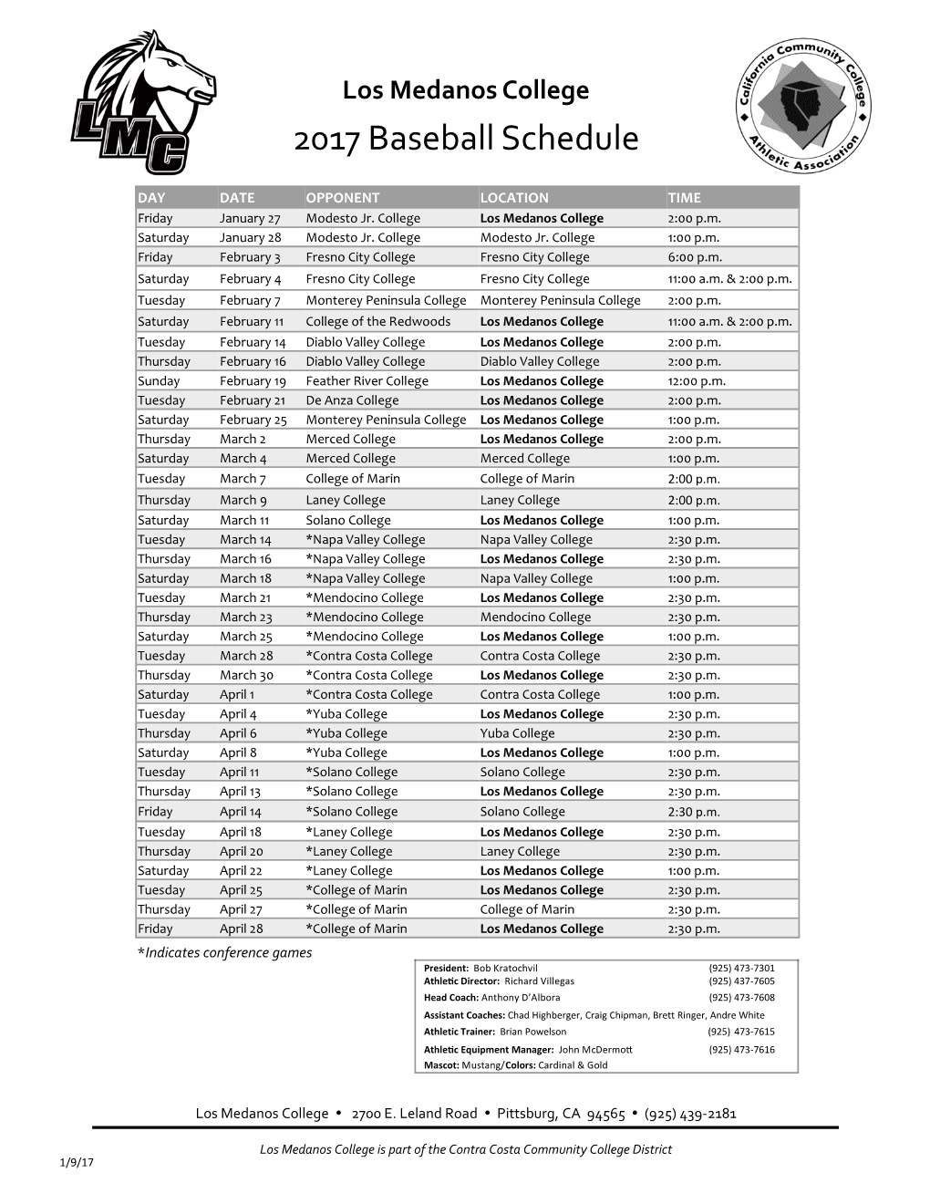 Los Medanos College 2017 Baseball Schedule