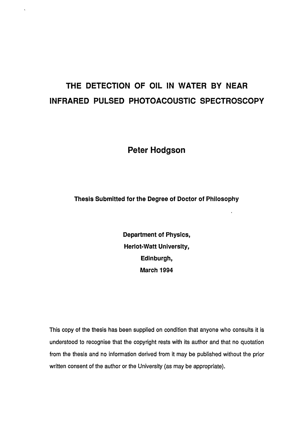 The Detection of Oil in Water by Near Infrared Pulsed Photoacoustic Spectroscopy
