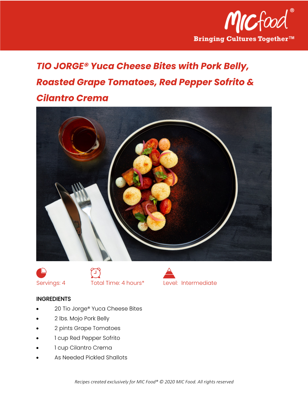 TIO JORGE® Yuca Cheese Bites with Pork Belly, Roasted Grape Tomatoes, Red Pepper Sofrito & Cilantro Crema