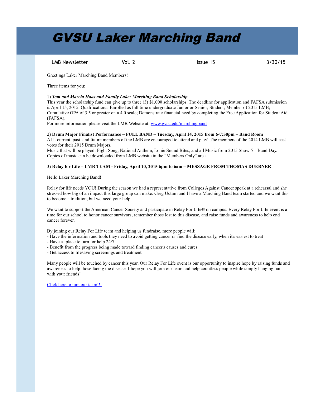 LMB Newsletter Vol. 2 Issue 15 3/30/15