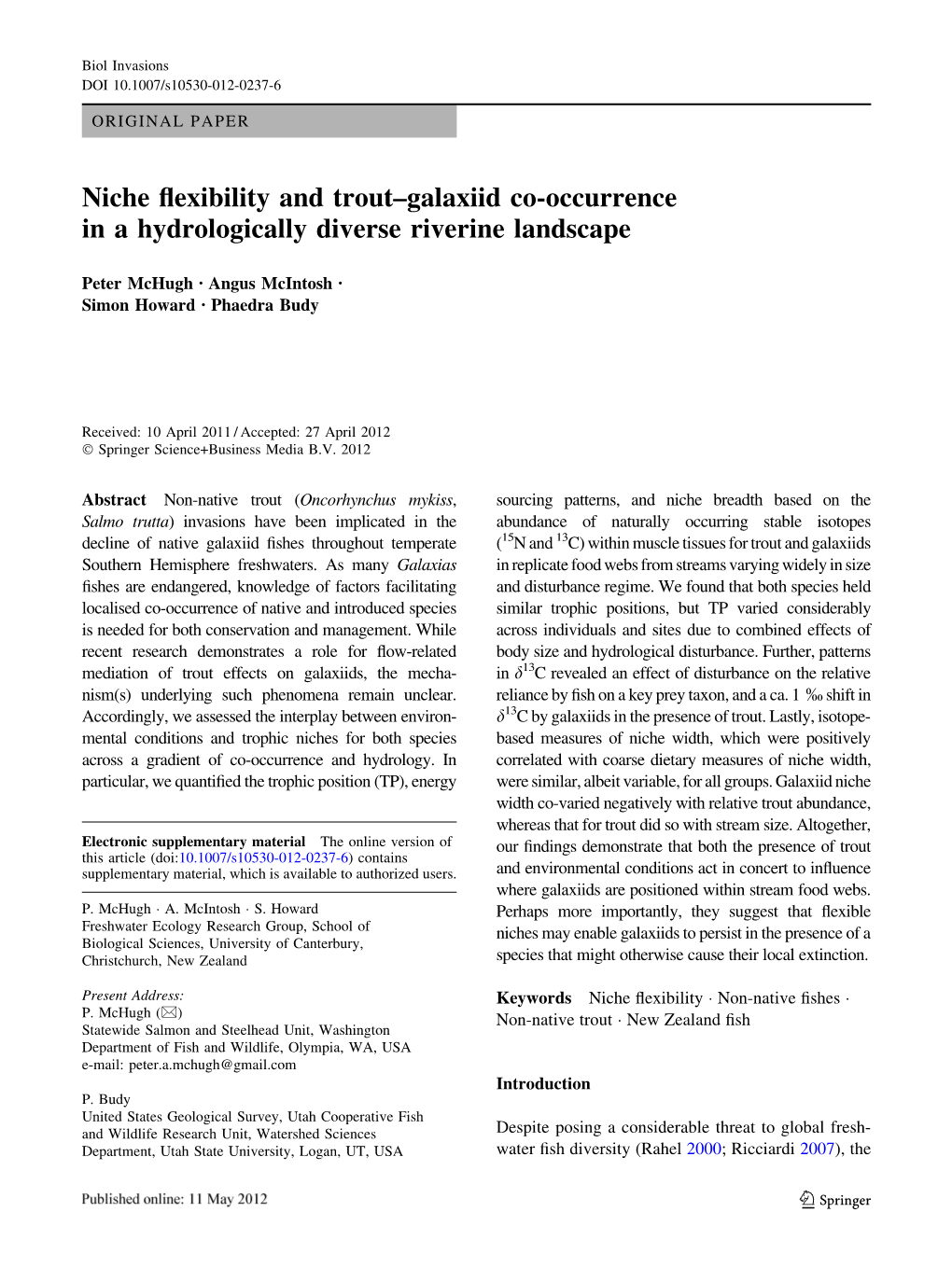 Niche Flexibility and Trout–Galaxiid Co-Occurrence in a Hydrologically Diverse Riverine Landscape