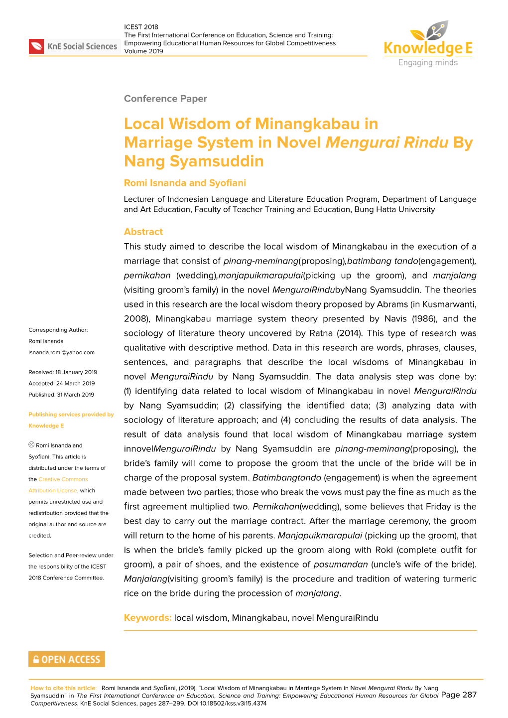 Local Wisdom of Minangkabau in Marriage System in Novel Mengurai Rindu by Nang Syamsuddin