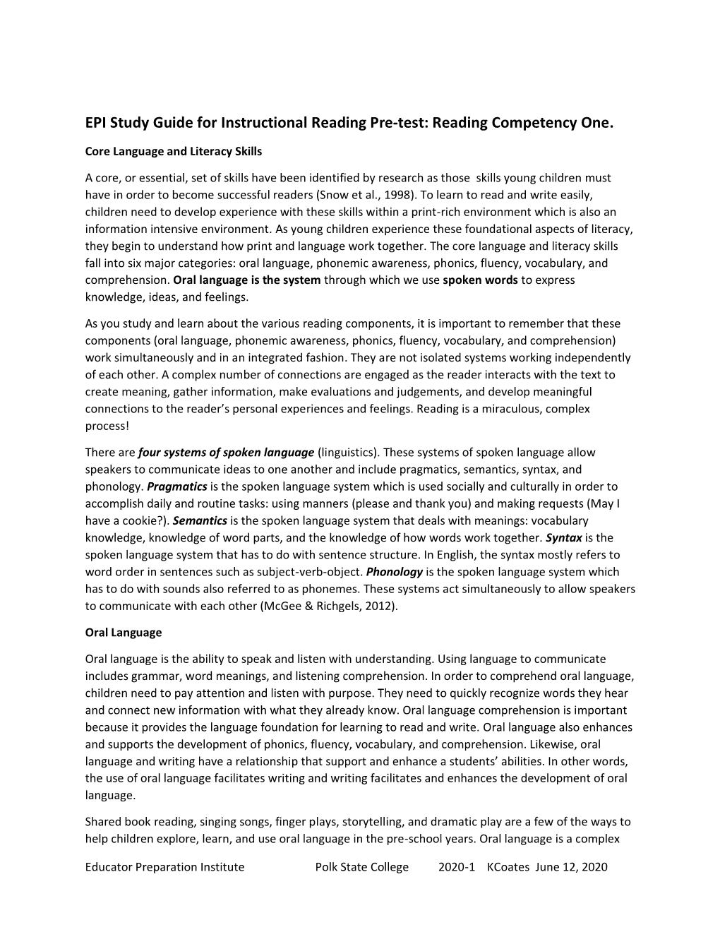EPI Study Guide for Instructional Reading Pre-Test: Reading Competency One