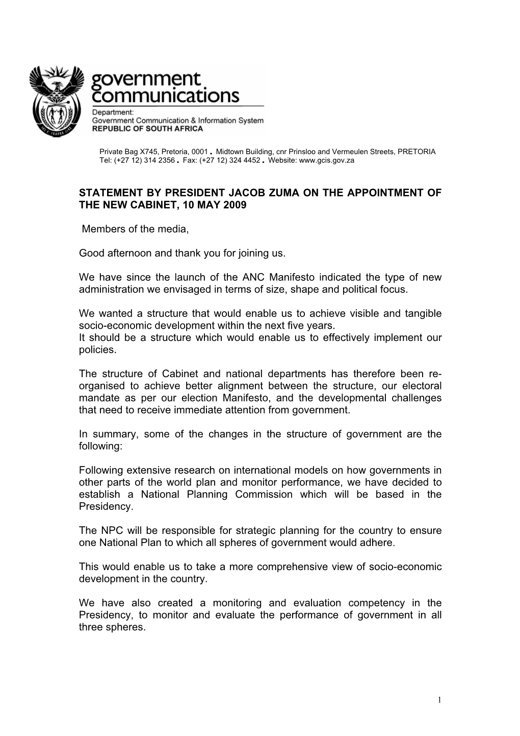 Statement by President Jacob Zuma on the Appointment of the New Cabinet, 10 May 2009