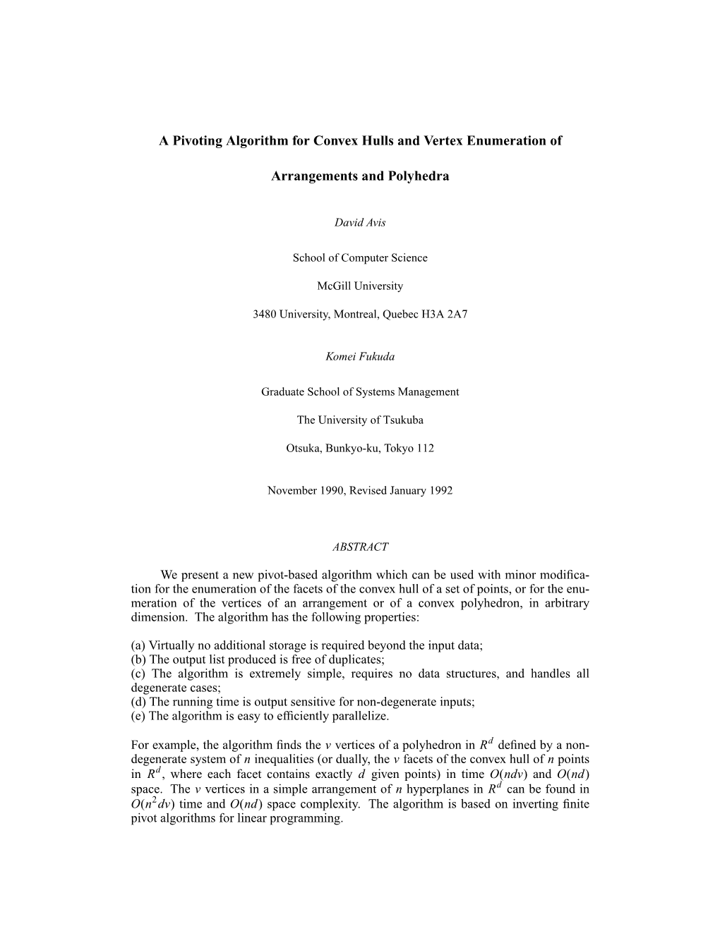 A Pivoting Algorithm for Convex Hulls and Vertex Enumeration Of