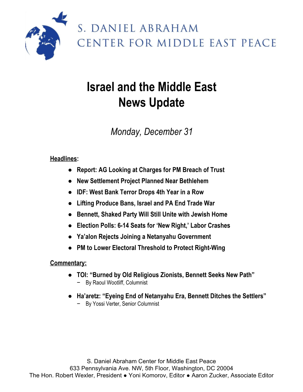 Israel and the Middle East News Update