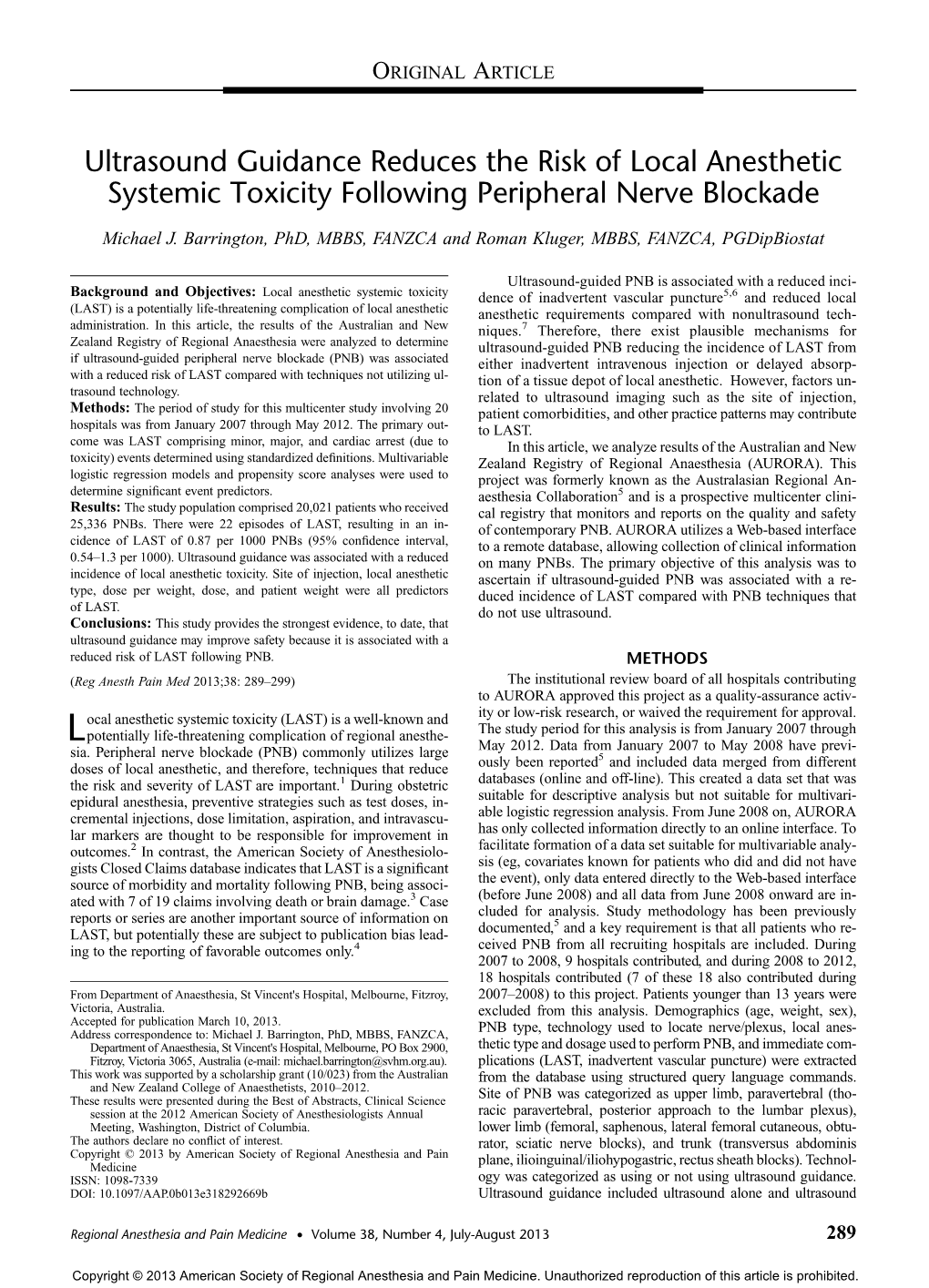 Ultrasound Guidance Reduces the Risk of Local Anesthetic Systemic Toxicity Following Peripheral Nerve Blockade