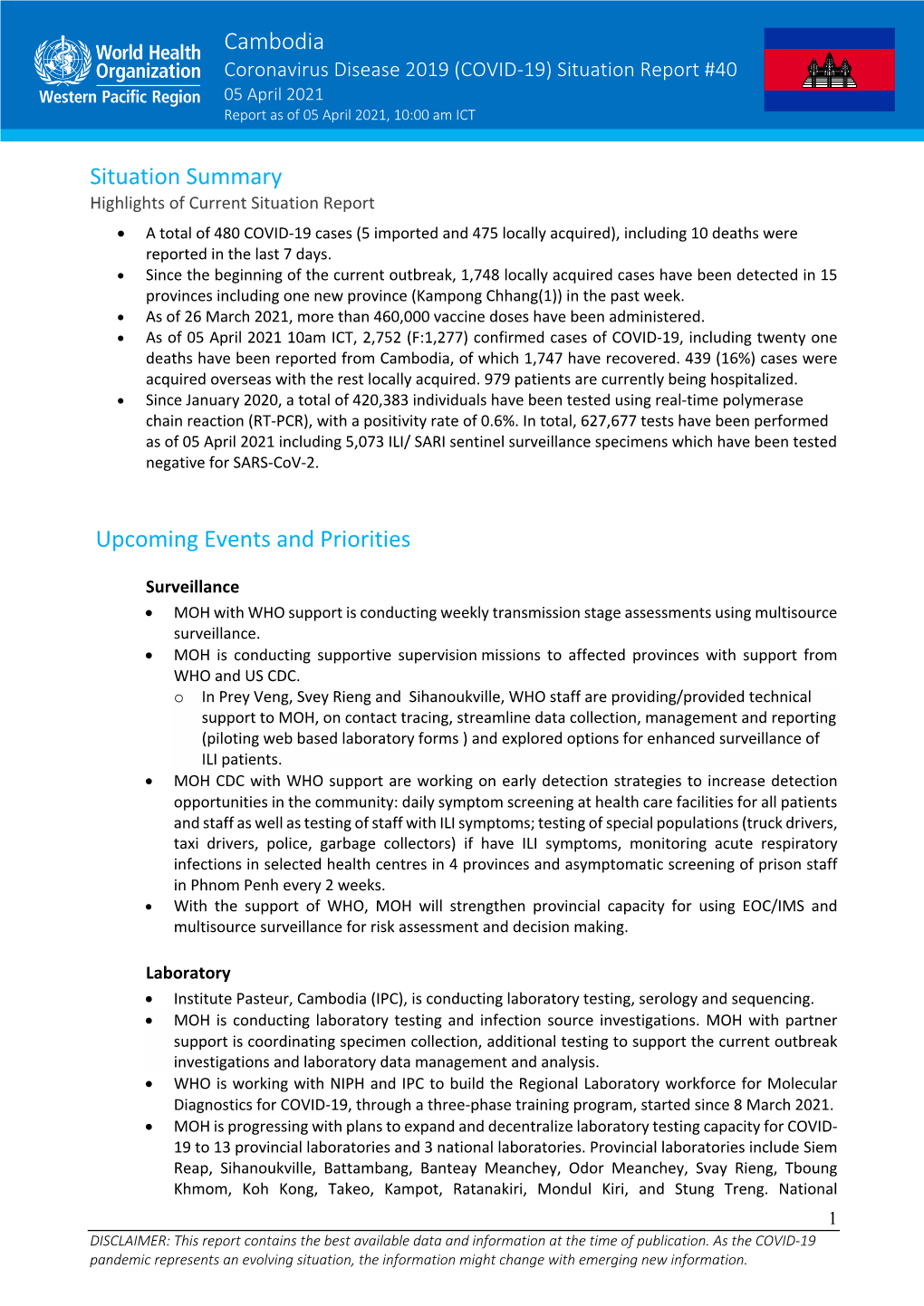 Cambodia Situation Summary Upcoming Events and Priorities