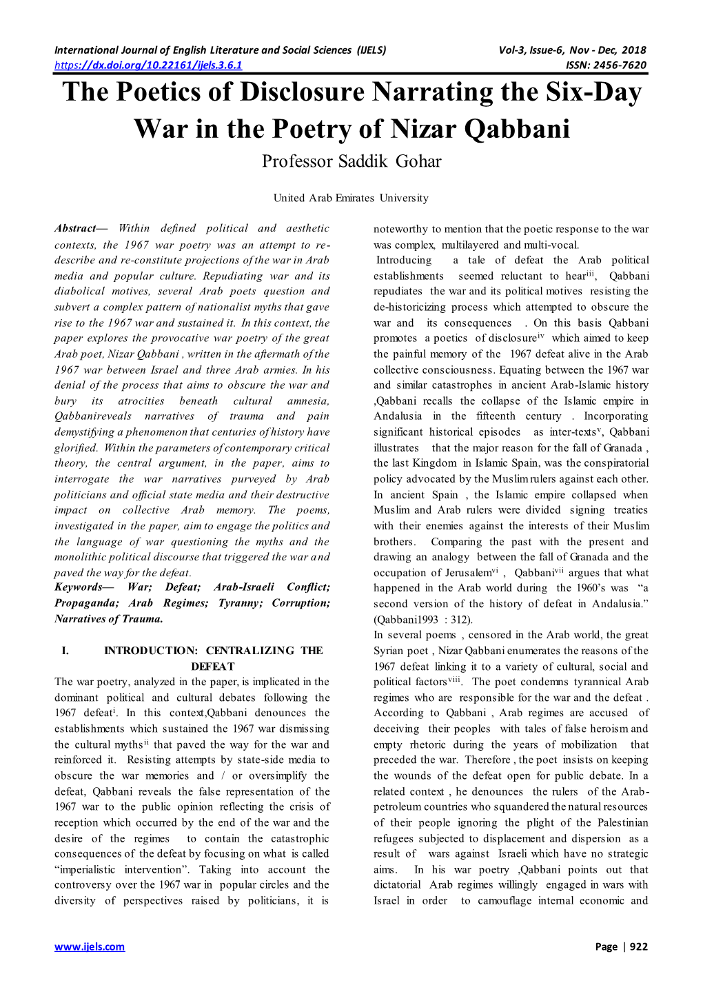The Poetics of Disclosure Narrating the Six-Day War in the Poetry of Nizar Qabbani Professor Saddik Gohar