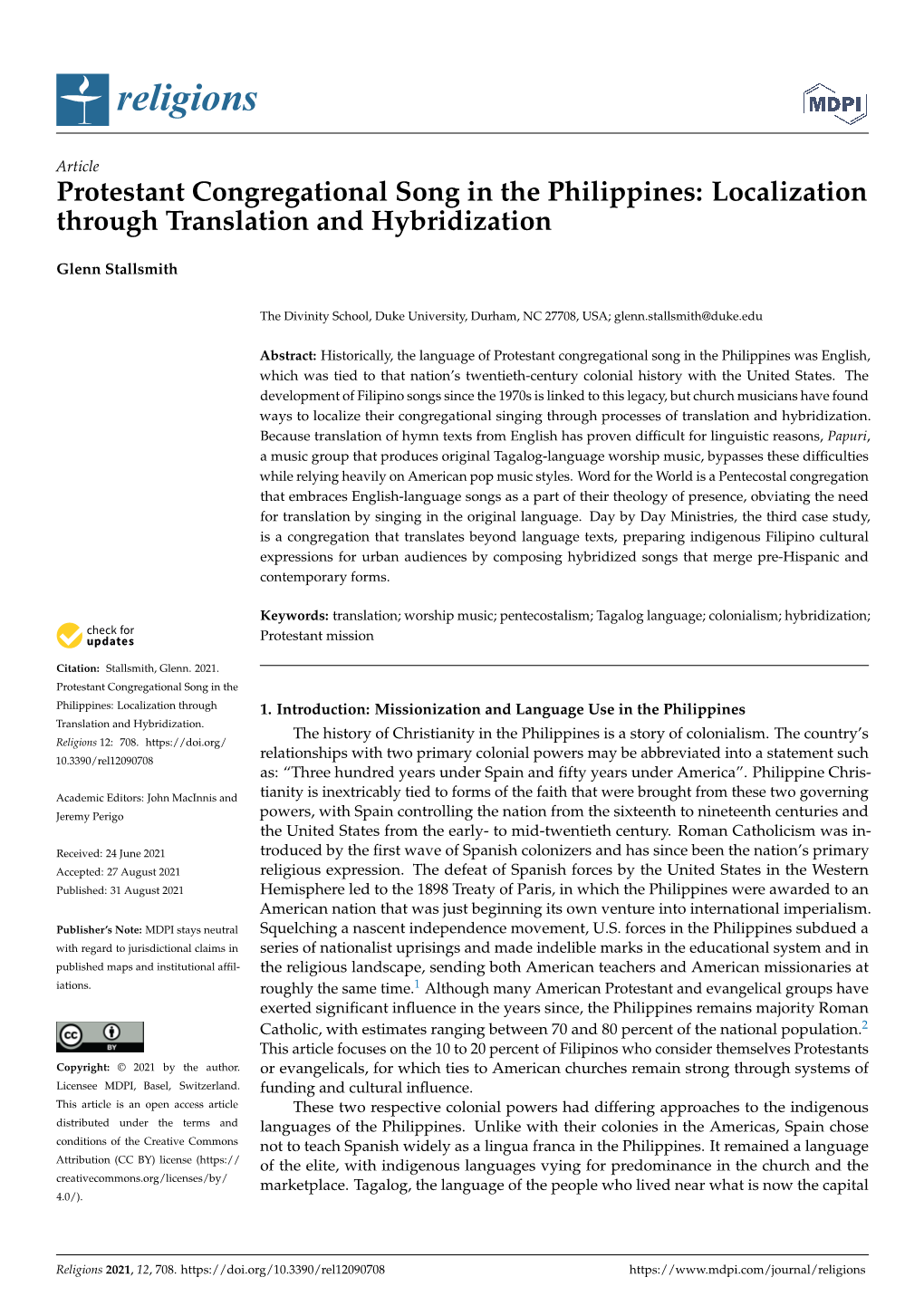 Protestant Congregational Song in the Philippines: Localization Through Translation and Hybridization