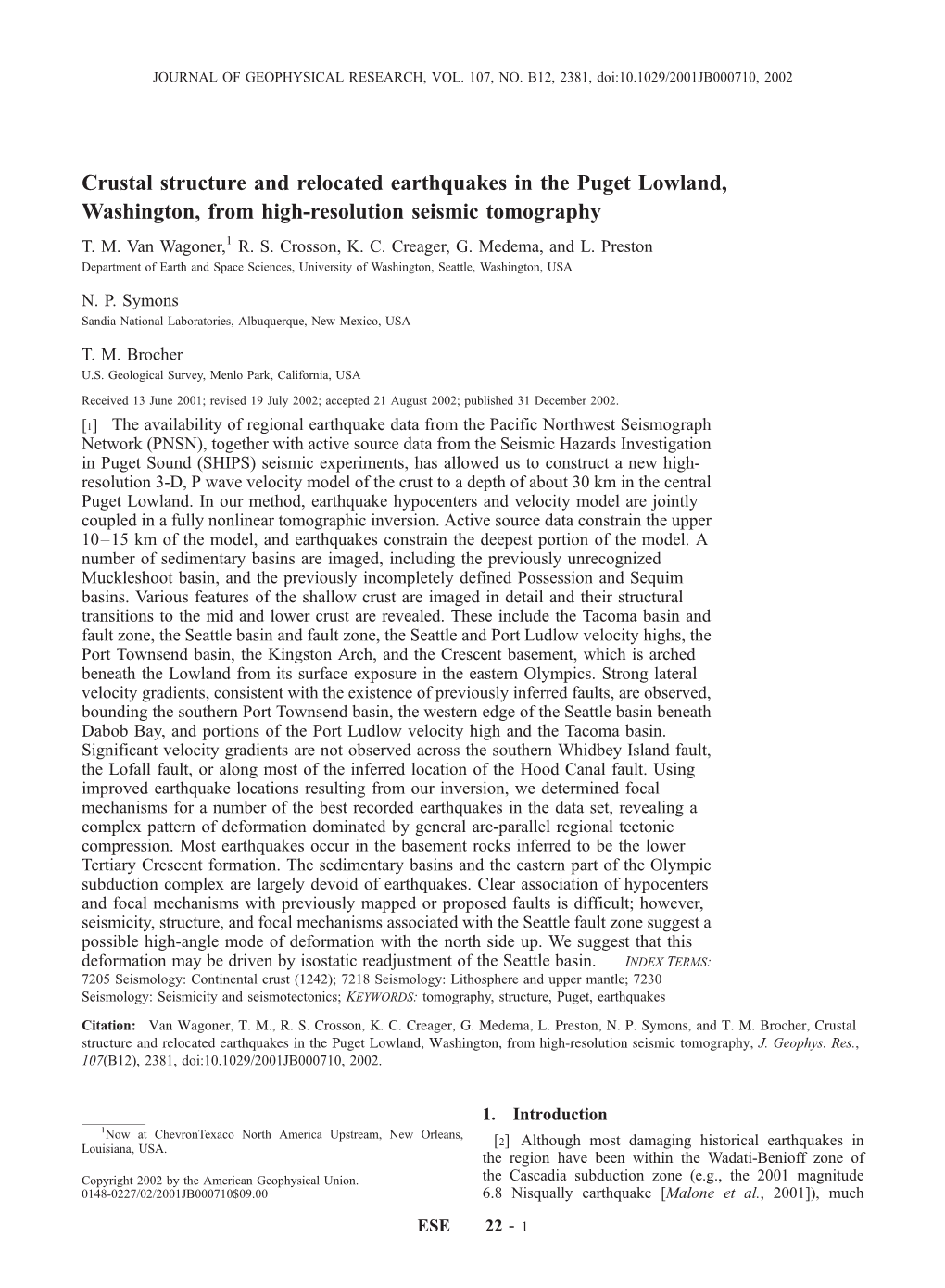 Crustal Structure and Relocated Earthquakes in the Puget Lowland, Washington, from High-Resolution Seismic Tomography T