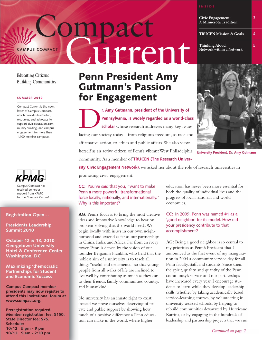 SUMMER 2010 for Engagement Compact Current Is the News- Letter of Campus Compact, R